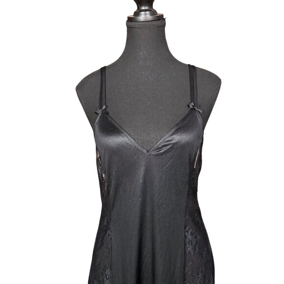 Vintage Black Nylon Slip Dress, Sheer Lace Panel Maxi, 90s Nightgown - Picture 2 of 9